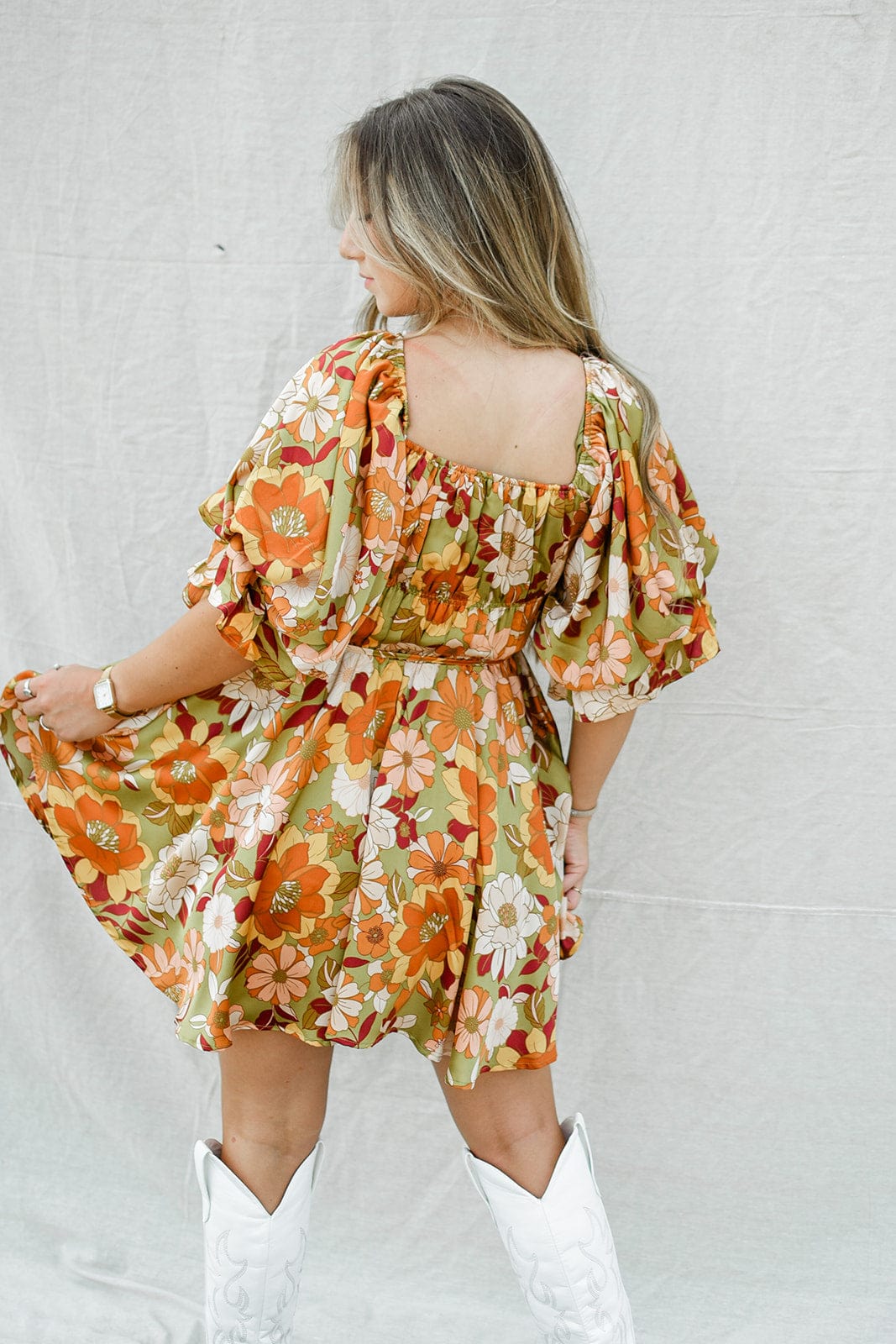 Olive Floral Dress - Babydoll Style