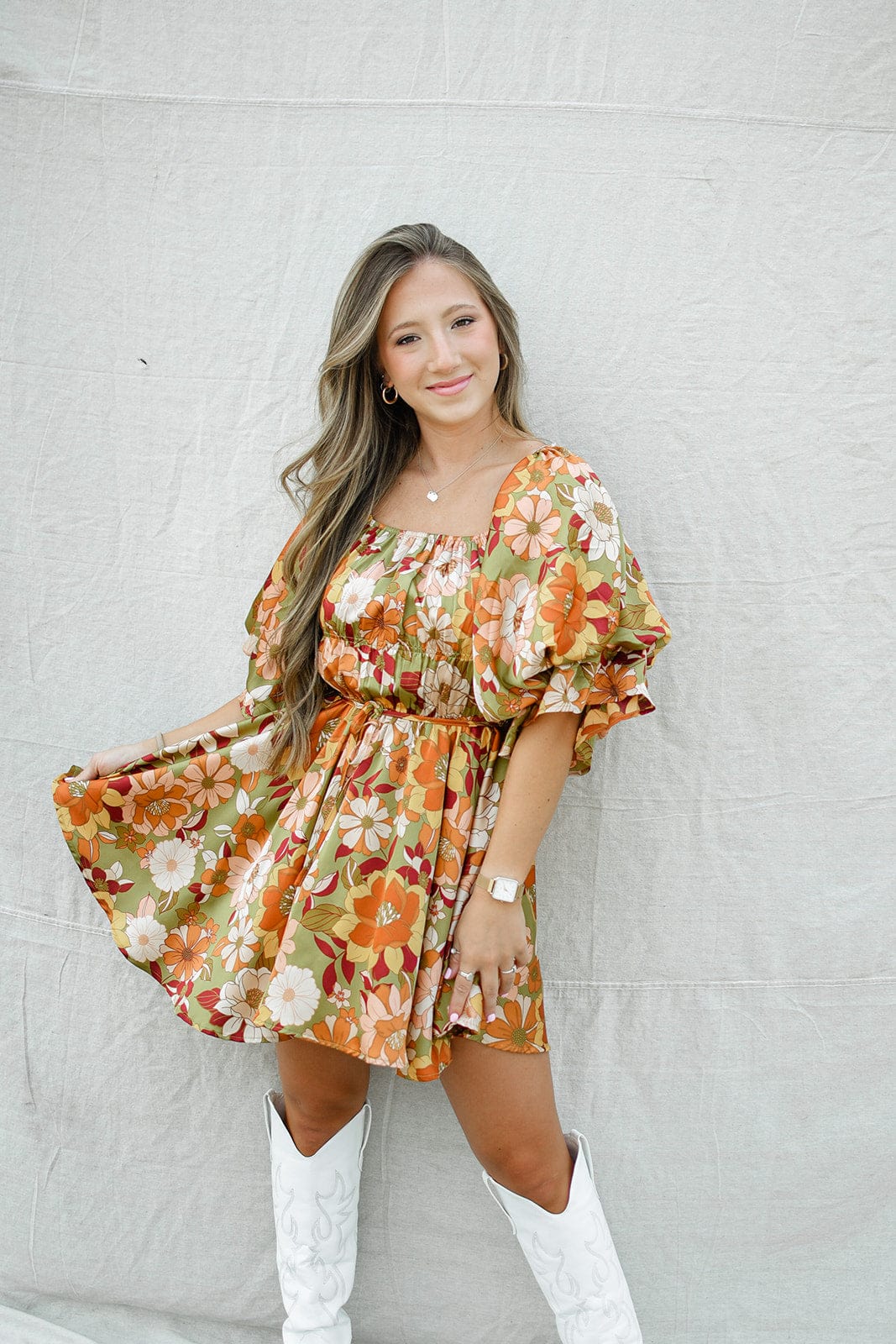 Olive Floral Dress - Babydoll Style