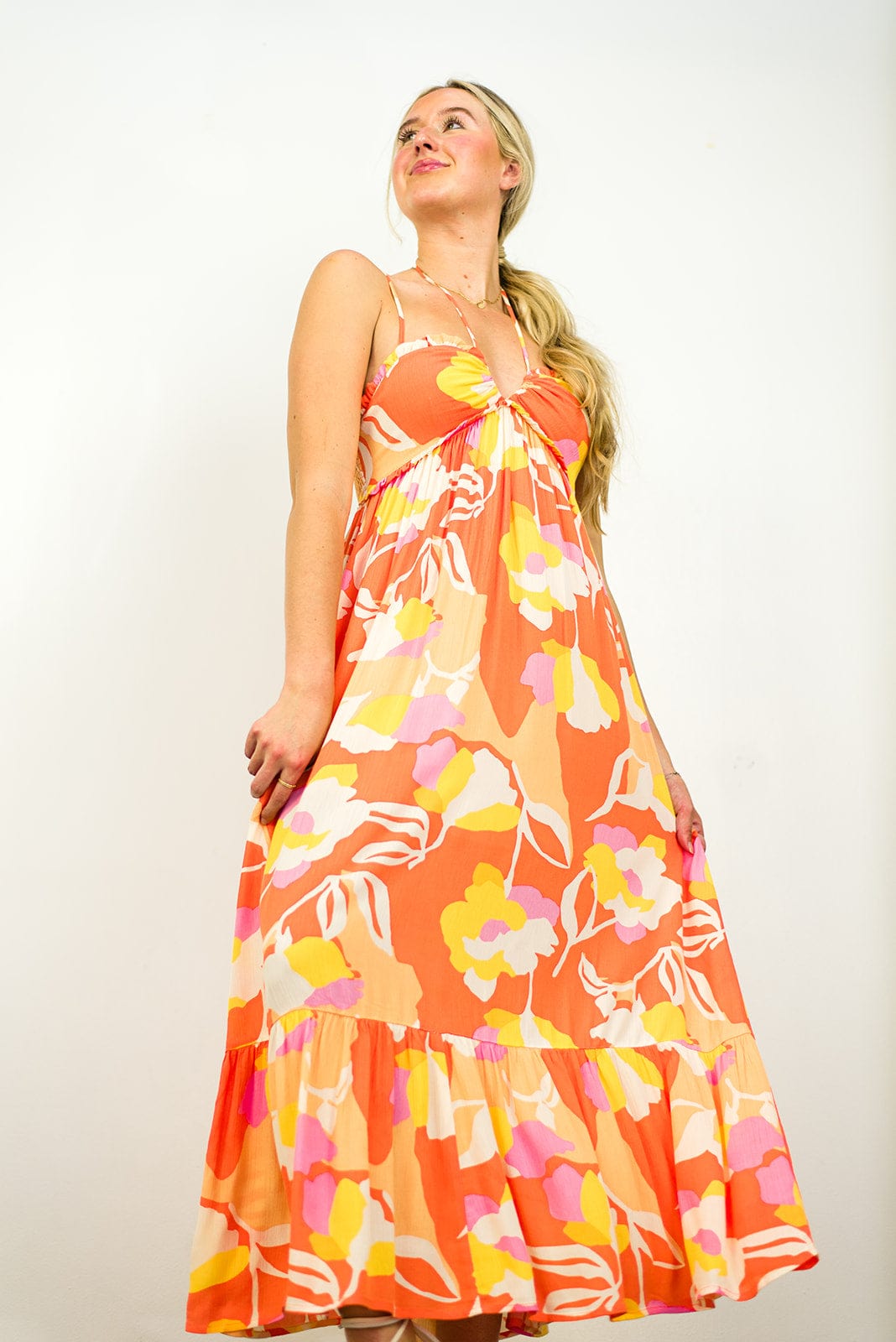 Orange Halter Floral Maxi Dress