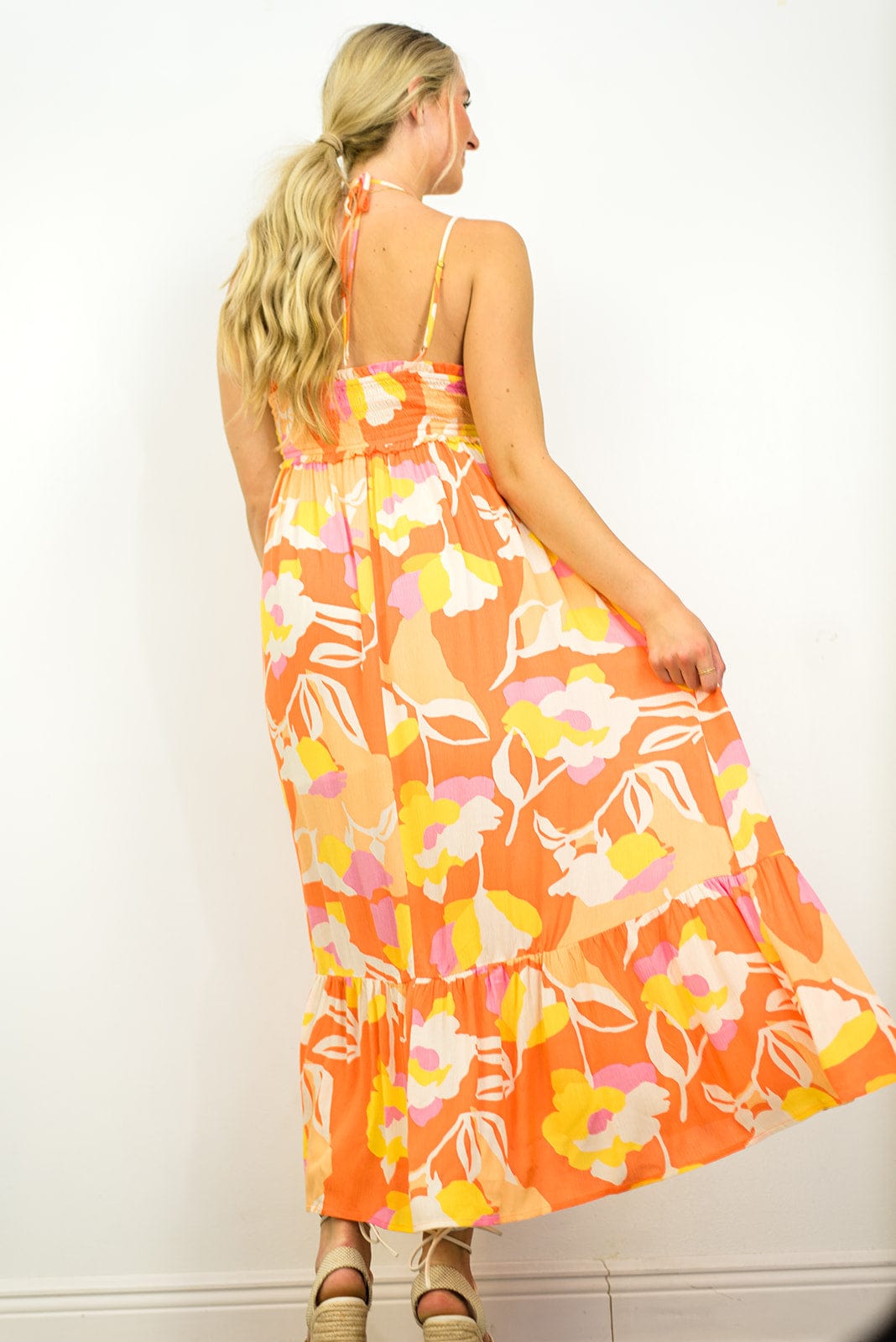 Orange Halter Floral Maxi Dress