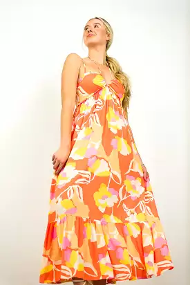 Orange Halter Floral Maxi Dress