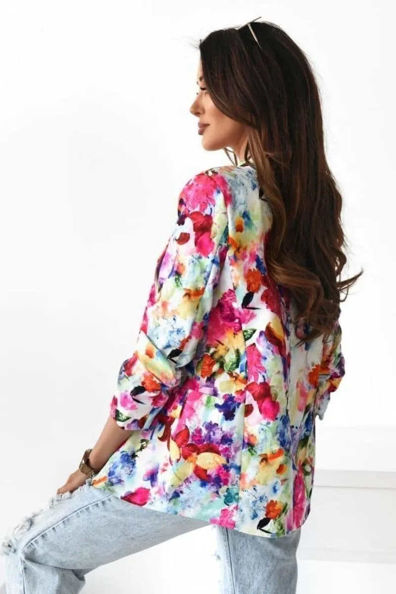 Pink Floral Lapel Ruched Sleeve Blazer