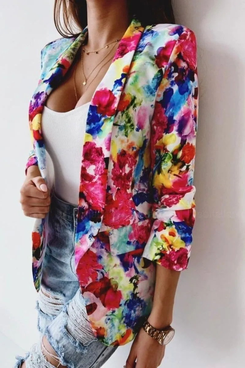 Pink Floral Lapel Ruched Sleeve Blazer