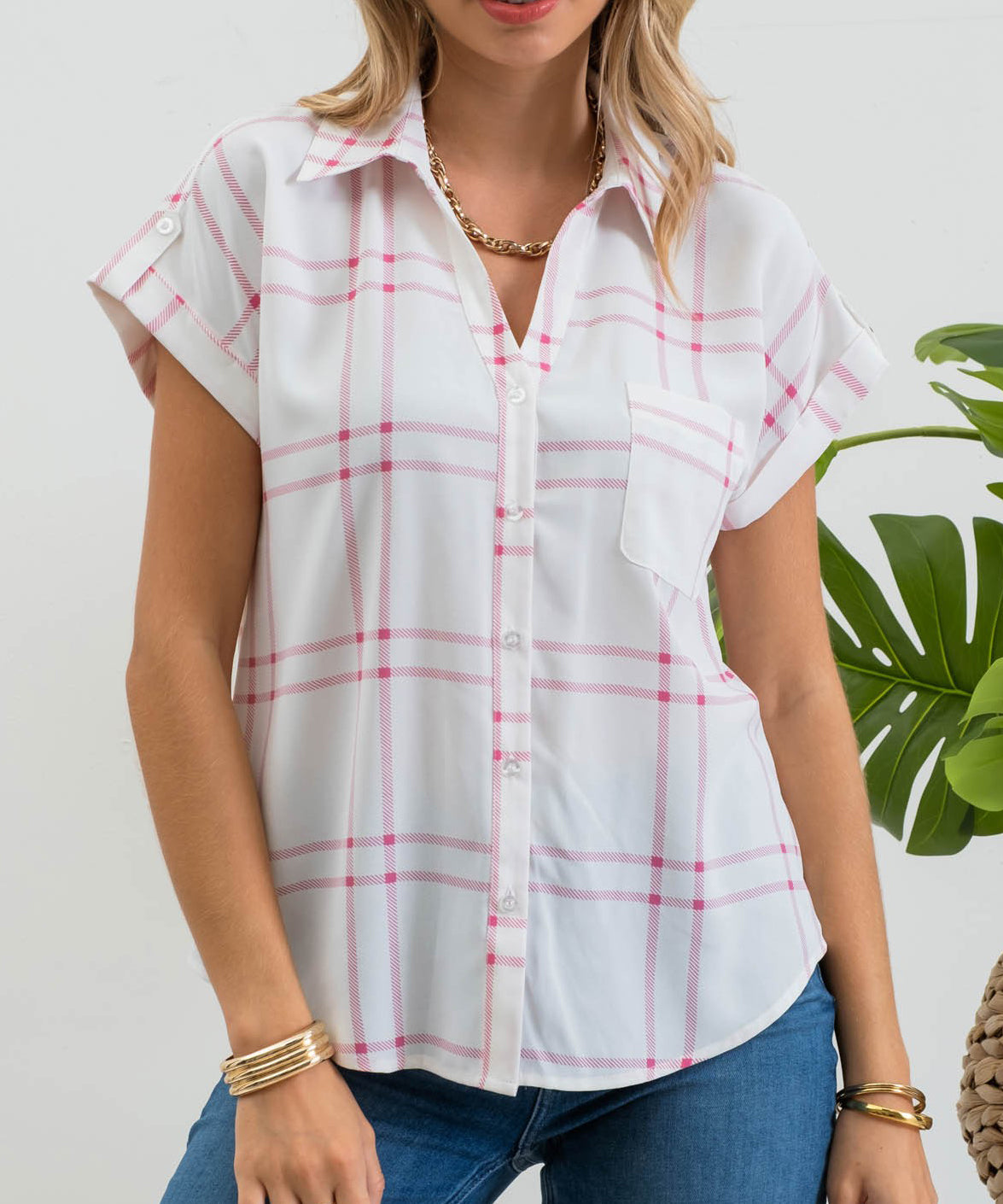 Pink Plaid Short Sleeve Button Down Shirt