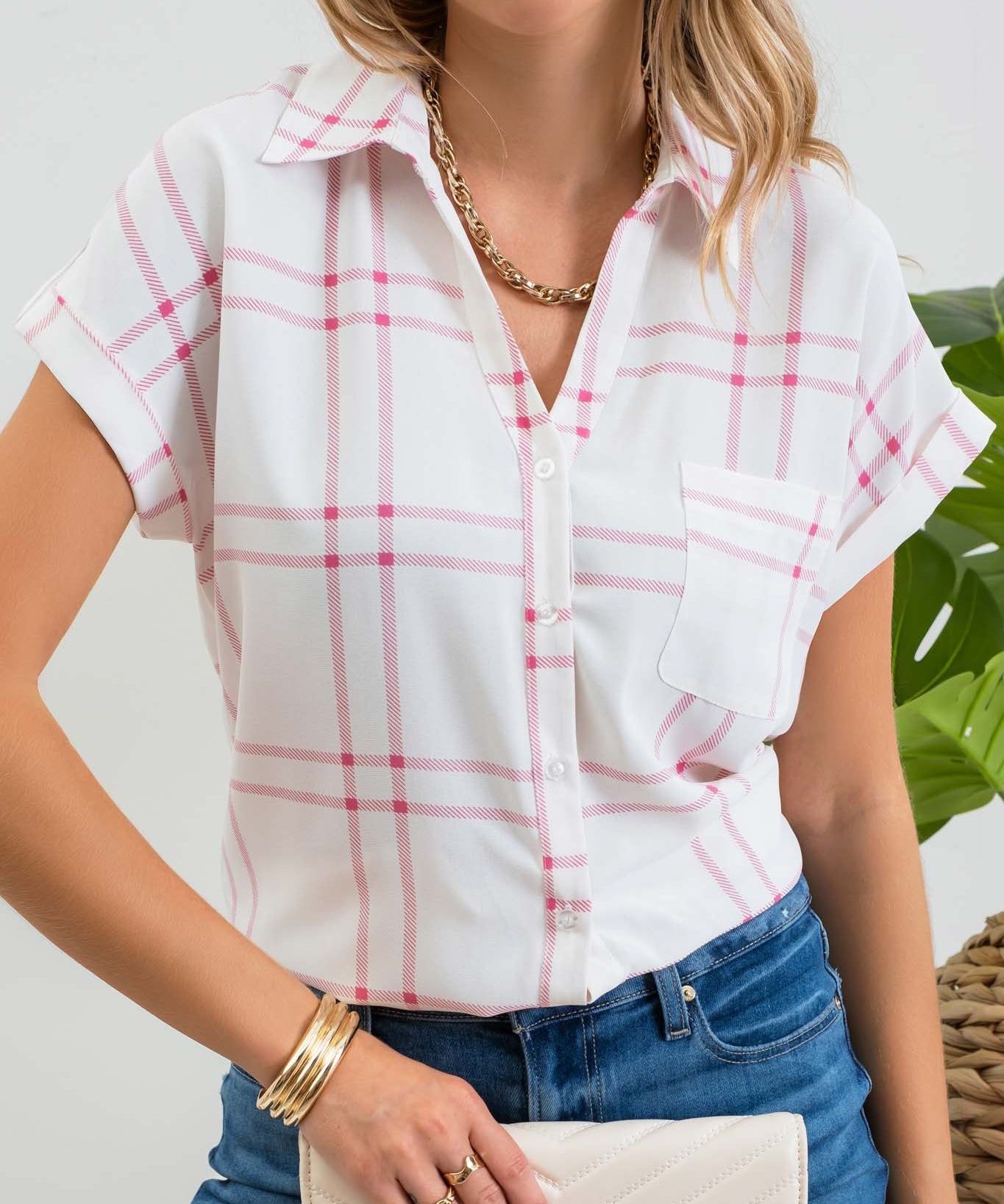 Pink Plaid Short Sleeve Button Down Shirt