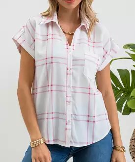 Pink Plaid Short Sleeve Button Down Shirt