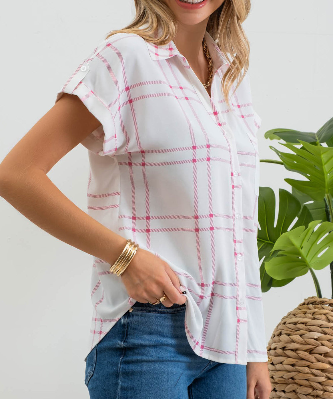 Pink Plaid Short Sleeve Button Down Shirt