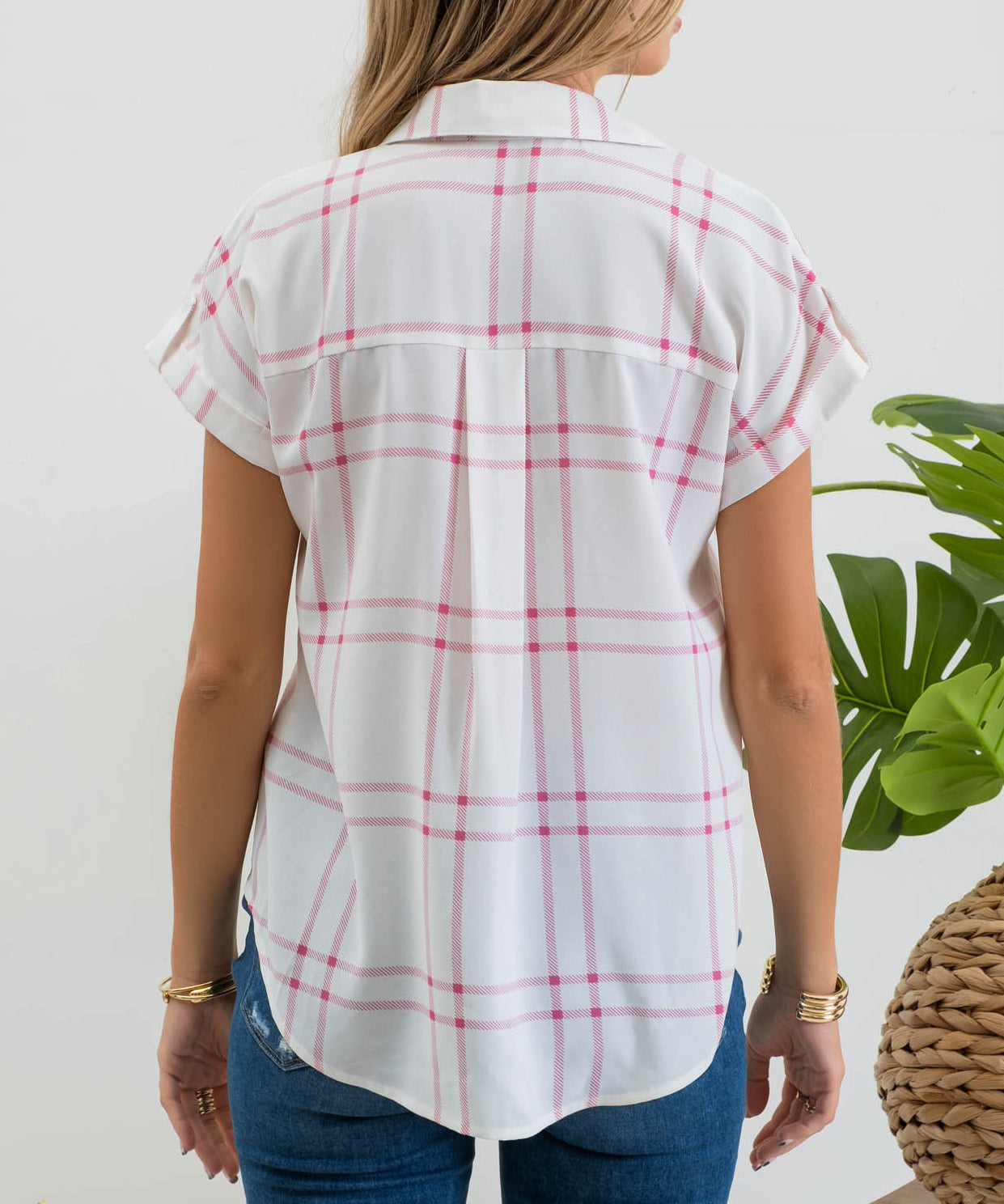 Pink Plaid Short Sleeve Button Down Shirt