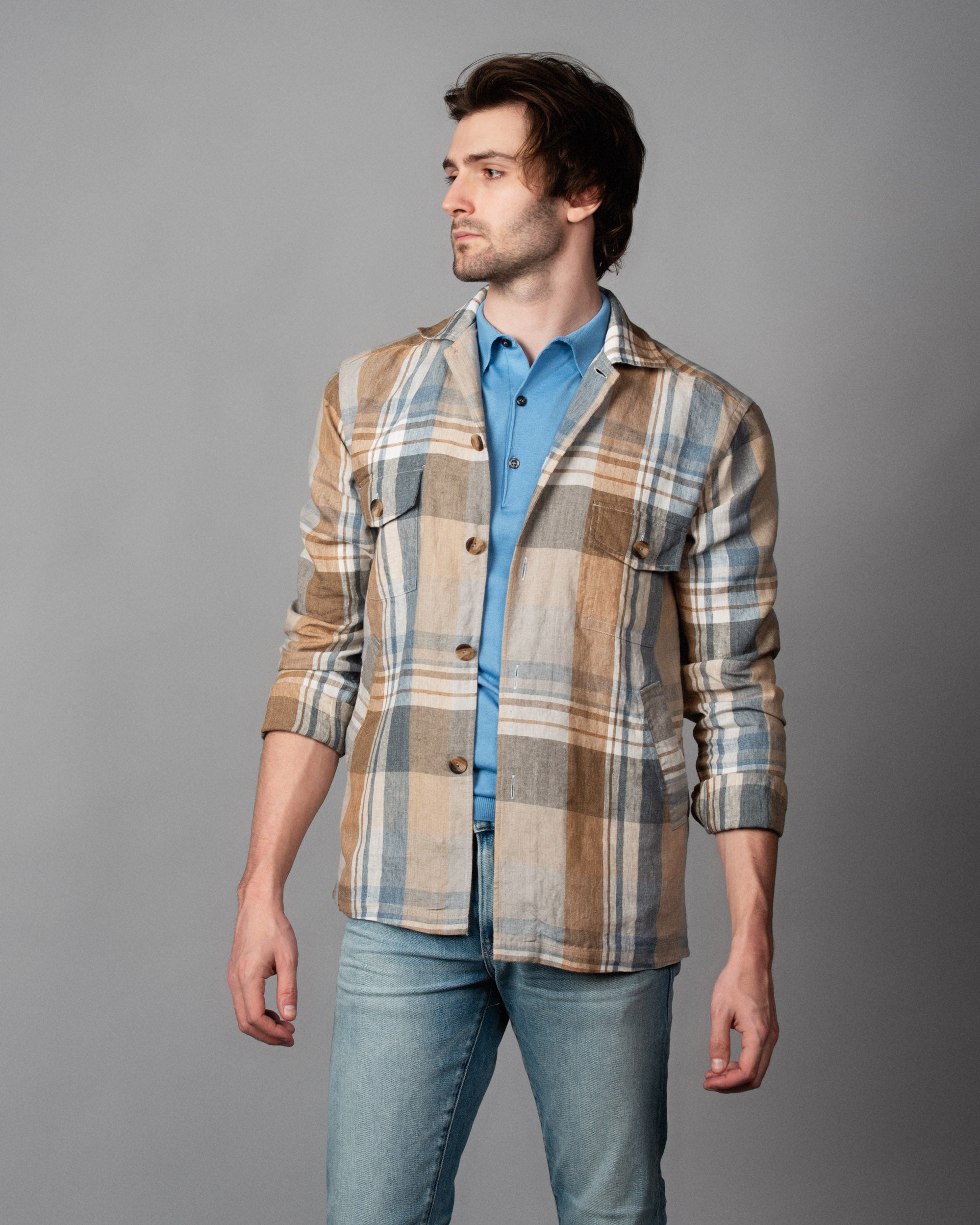 Plaid Linen Twill Overshirt - Affordable trendy plaid linen twill overshirt for men