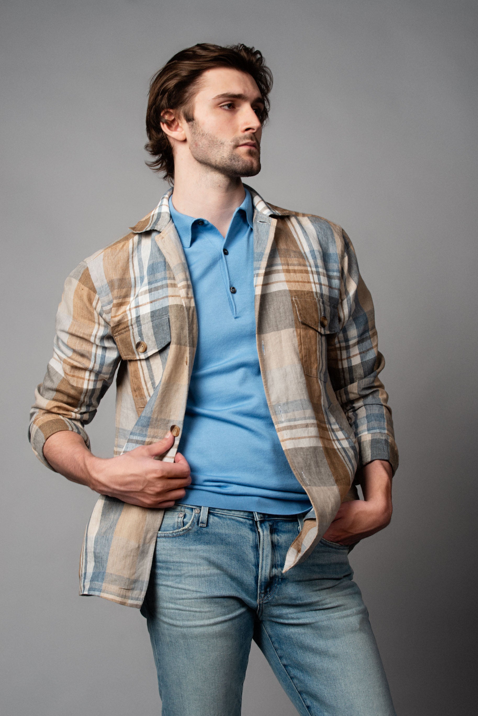 Plaid Linen Twill Overshirt - Affordable trendy plaid linen twill overshirt for men