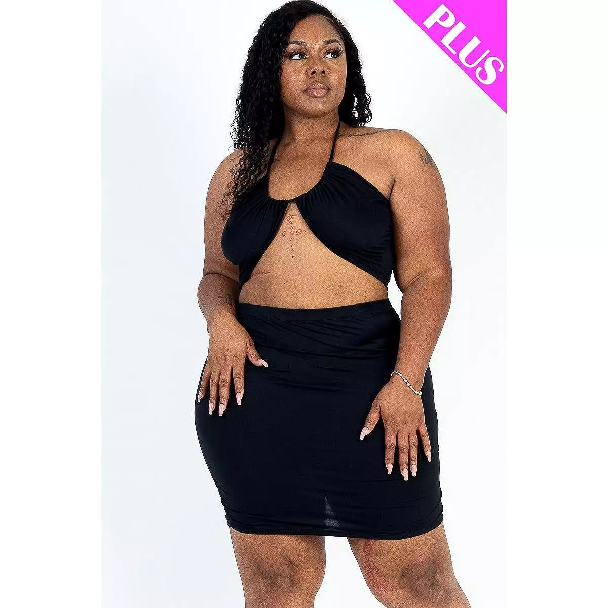 Plus Size Crisscross Halter Top and Ruched Mini Skirt Set - Sexy Solid Design