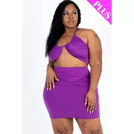 Plus Size Sexy Solid Crisscross Halter Top and Ruched Mini Skirt Set for Curvy Women.