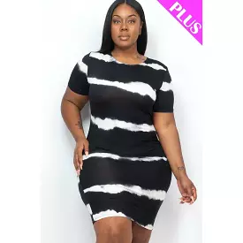 Plus Size Tie-Dye Midi Dress with Short Sleeves and Stripes