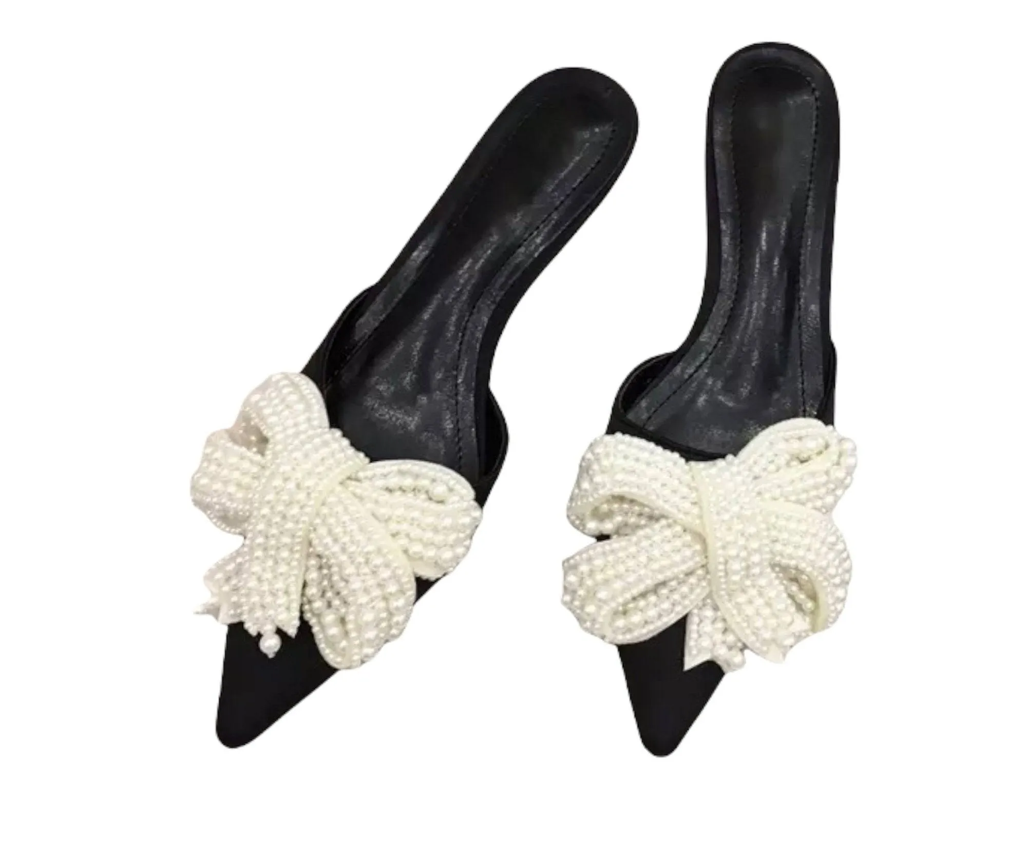 Pointed Toe Pearl Ribbon Silk Slides