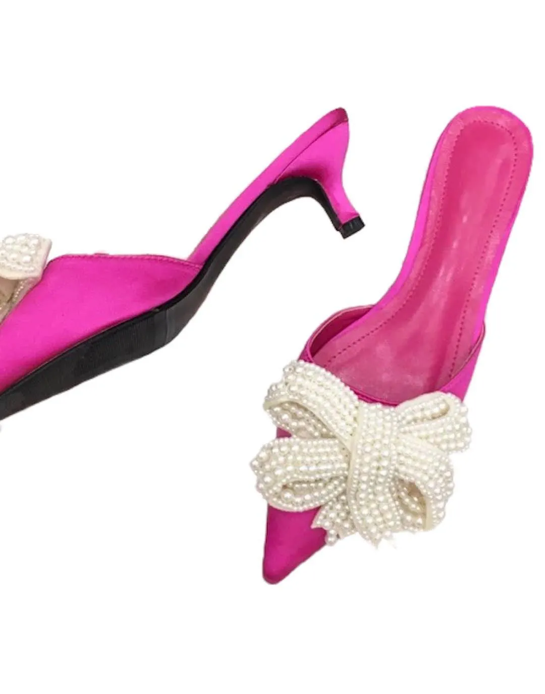 Pointed Toe Pearl Ribbon Silk Slides