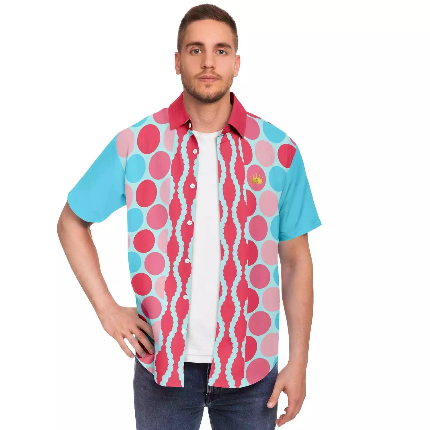 Polka Print Short Sleeve Button Up Shirt