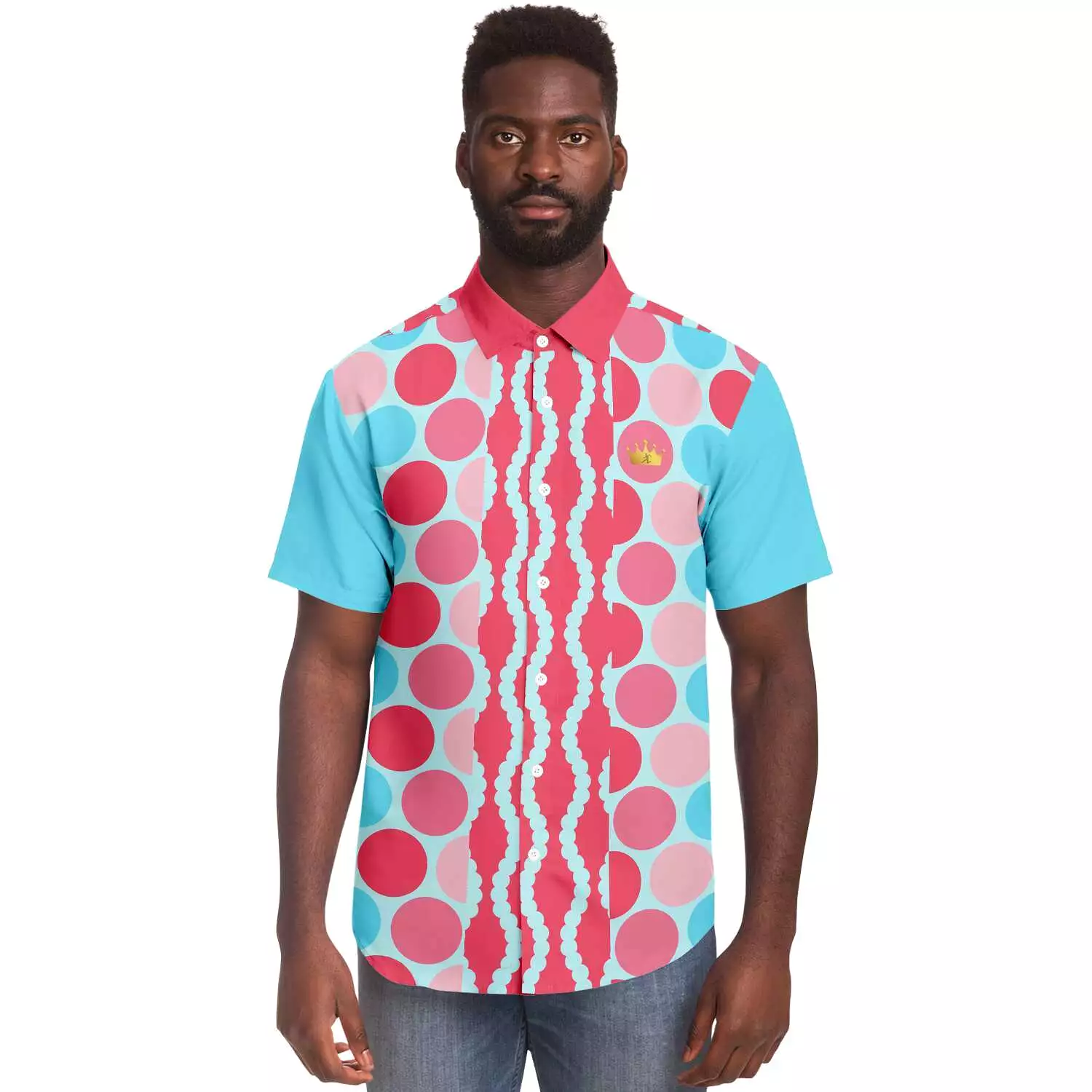 Polka Print Short Sleeve Button Up Shirt