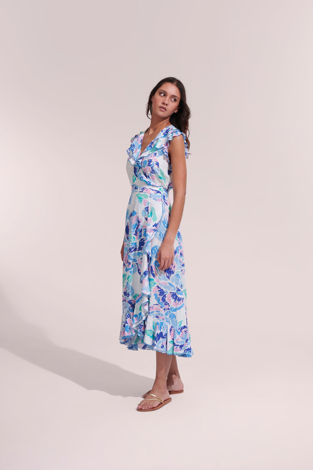 Poupette St. Barth Aude Blue Macro Peony Midi Dress.