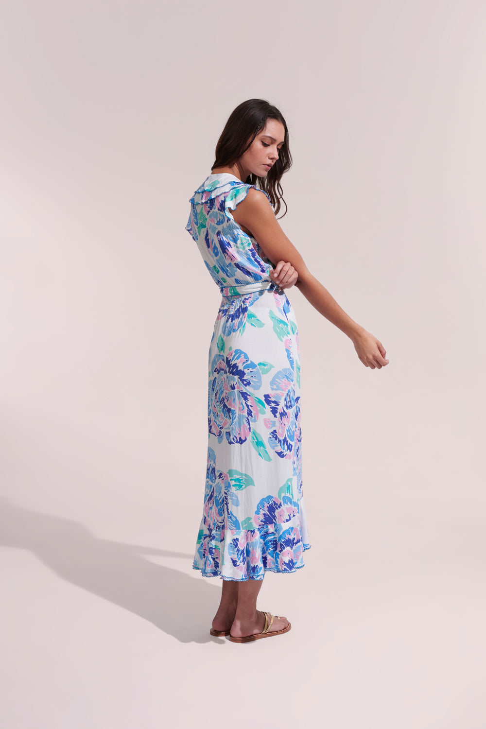 Poupette St. Barth Aude Blue Macro Peony Midi Dress.