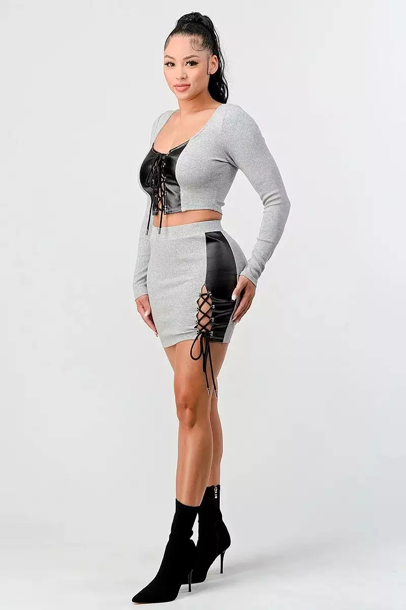 pu leather detail matching mini skirt widget set