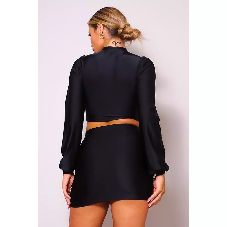 Puff Sleeve Cutout Turtleneck Blouse with Side Ruched Mini Skirt Set