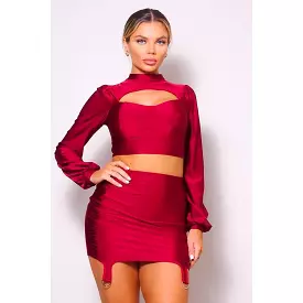 Puff Sleeve Turtleneck Blouse with Front Cutout and Side Ruched Garter Mini Skirt Set