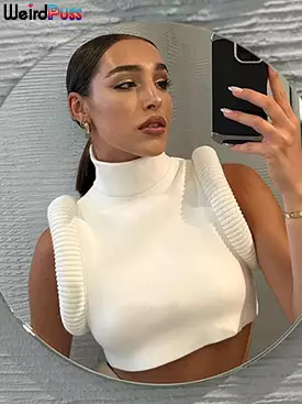 Puffy Edge Women Crop Tops Sleeveless Turtleneck Sexy Basic Vest Summer Hipsters High Street Y2K Rave Partywear