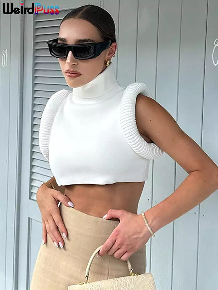 Puffy Edge Women Crop Tops Sleeveless Turtleneck Sexy Basic Vest Summer Hipsters High Street Y2K Rave Partywear