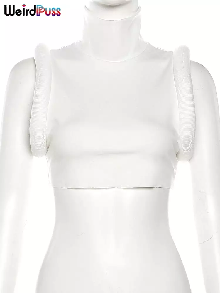 Puffy Edge Women Crop Tops Sleeveless Turtleneck Sexy Basic Vest Summer Hipsters High Street Y2K Rave Partywear