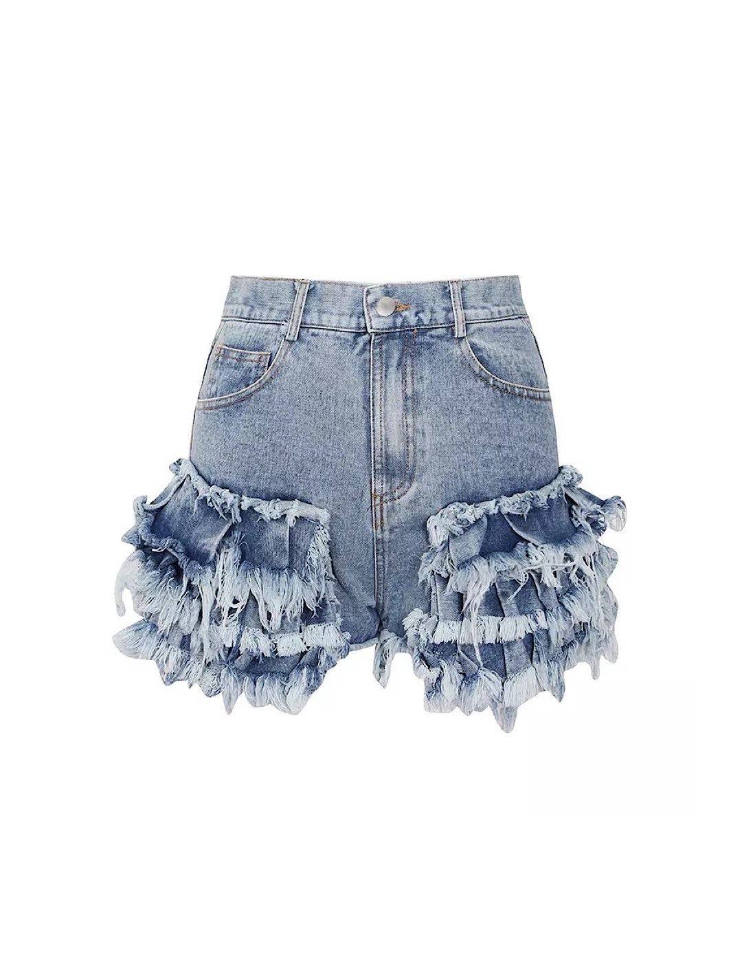 Raw Edge Denim Shorts with Ruffle Detail