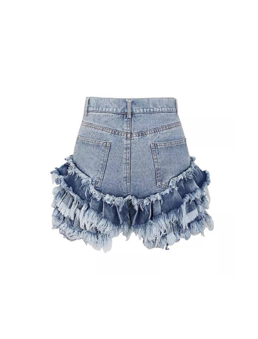 Raw Edge Denim Shorts with Ruffle Detail