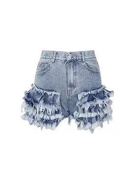 Raw Edge Denim Shorts with Ruffle Detail