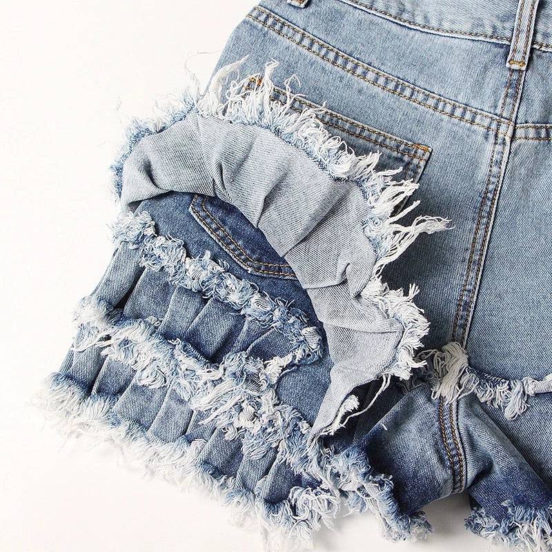 Raw Edge Denim Shorts with Ruffle Detail