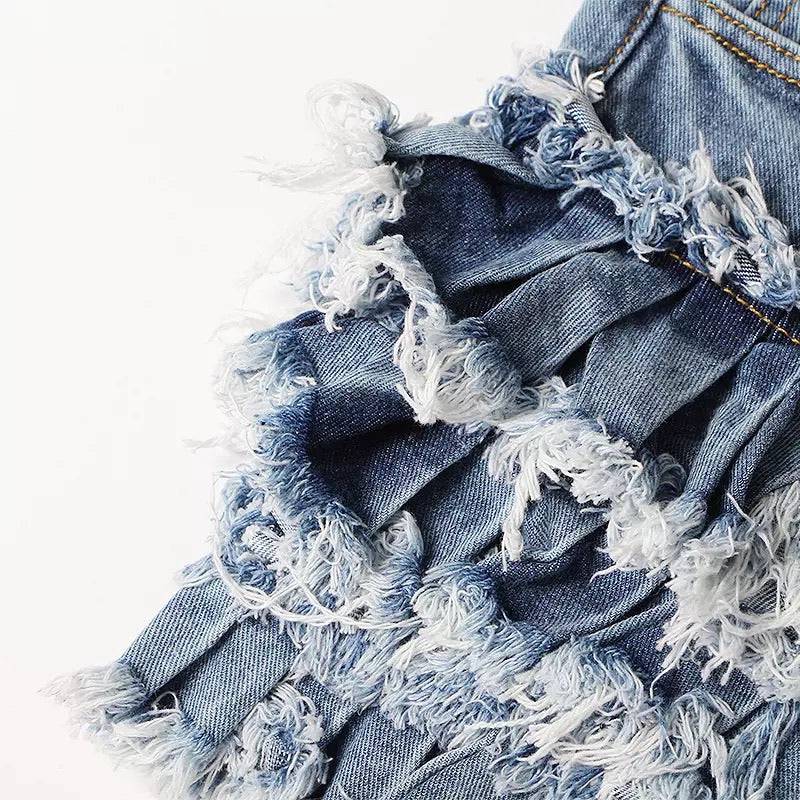 Raw Edge Denim Shorts with Ruffle Detail