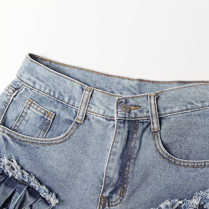 Raw Edge Denim Shorts with Ruffle Detail