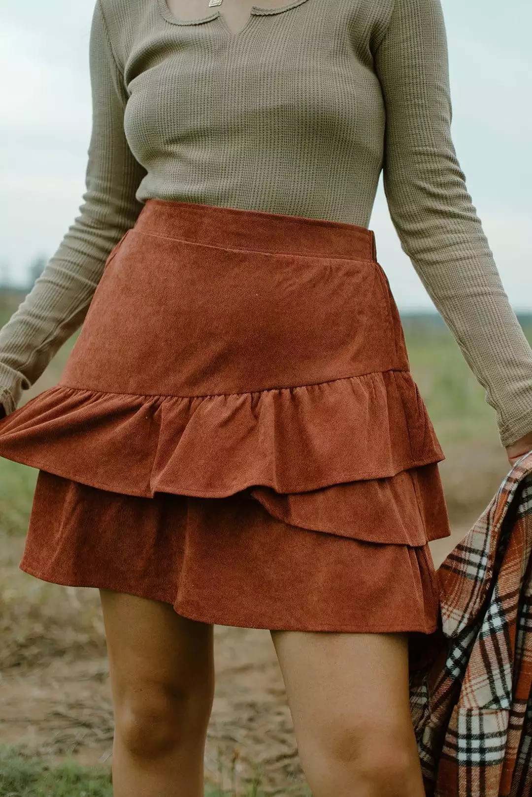 Rust Corduroy Mini Skirt - Two Tier Design