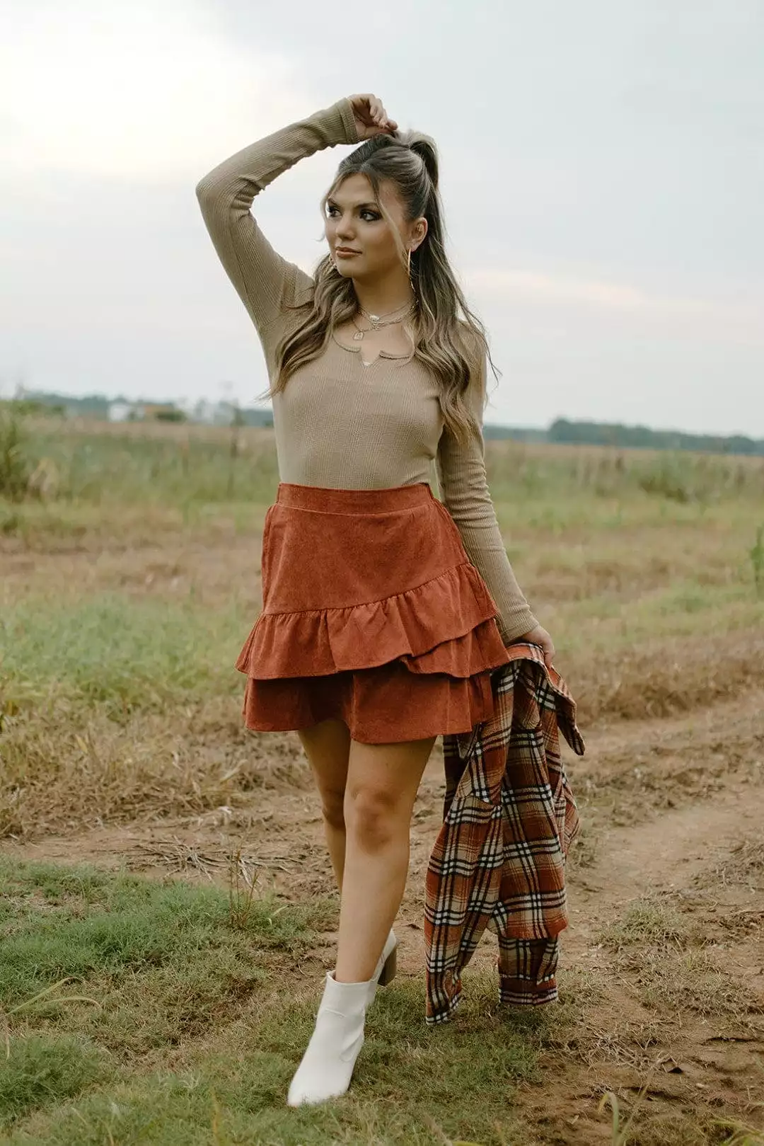 Rust Corduroy Mini Skirt - Two Tier Design