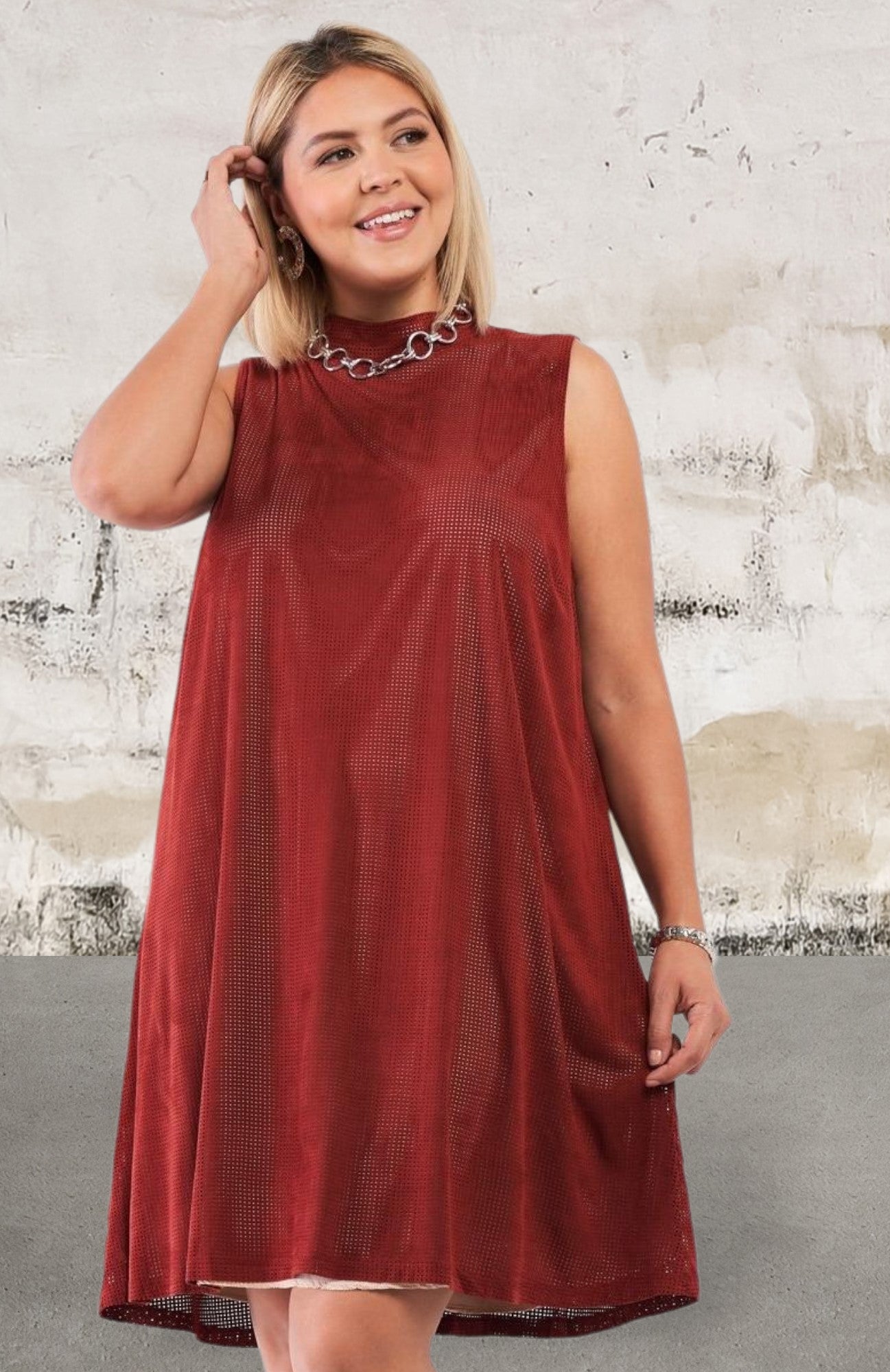 Rust Swing Dress with High Neck and Nude Illusion