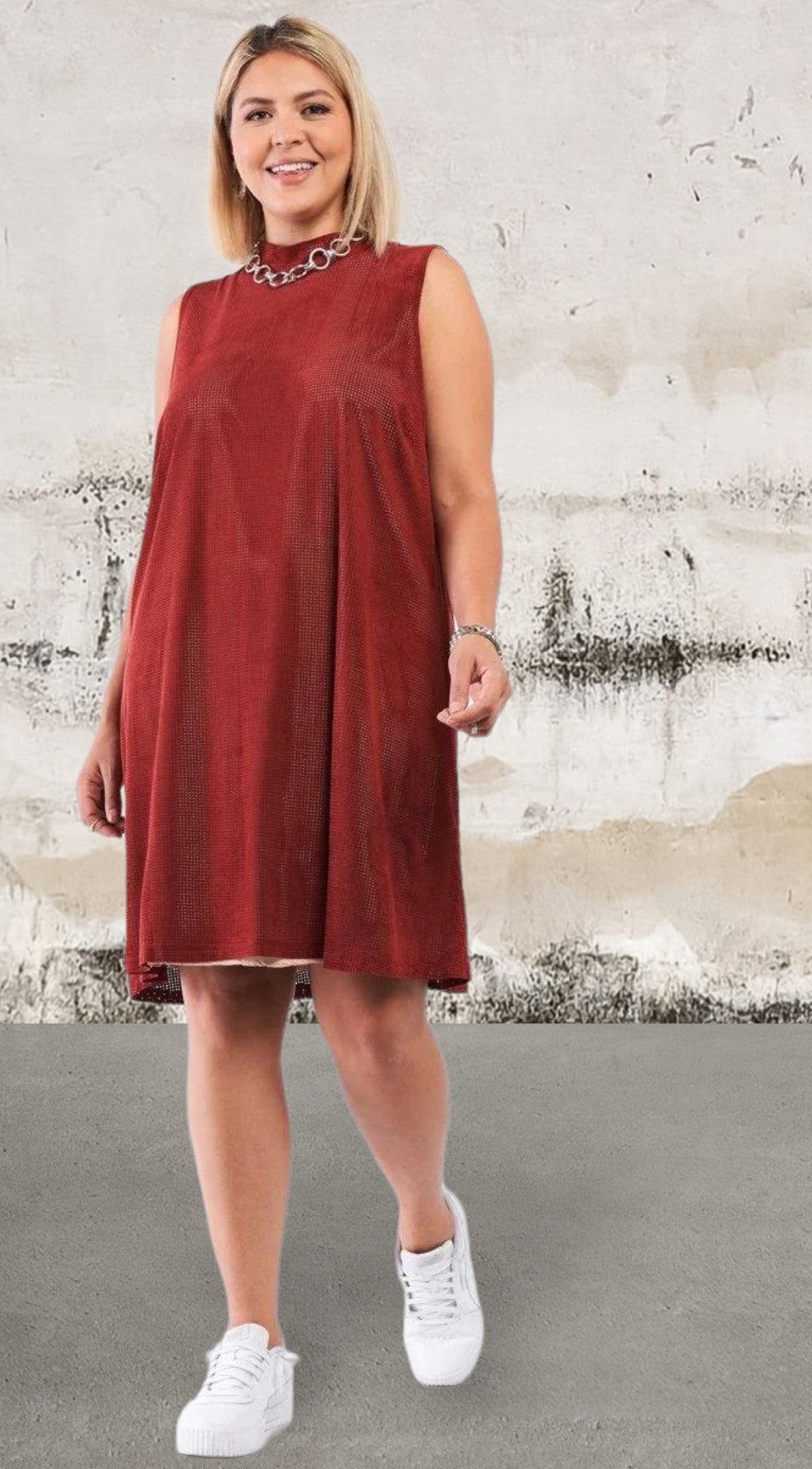 Rust Swing Dress with High Neck and Nude Illusion