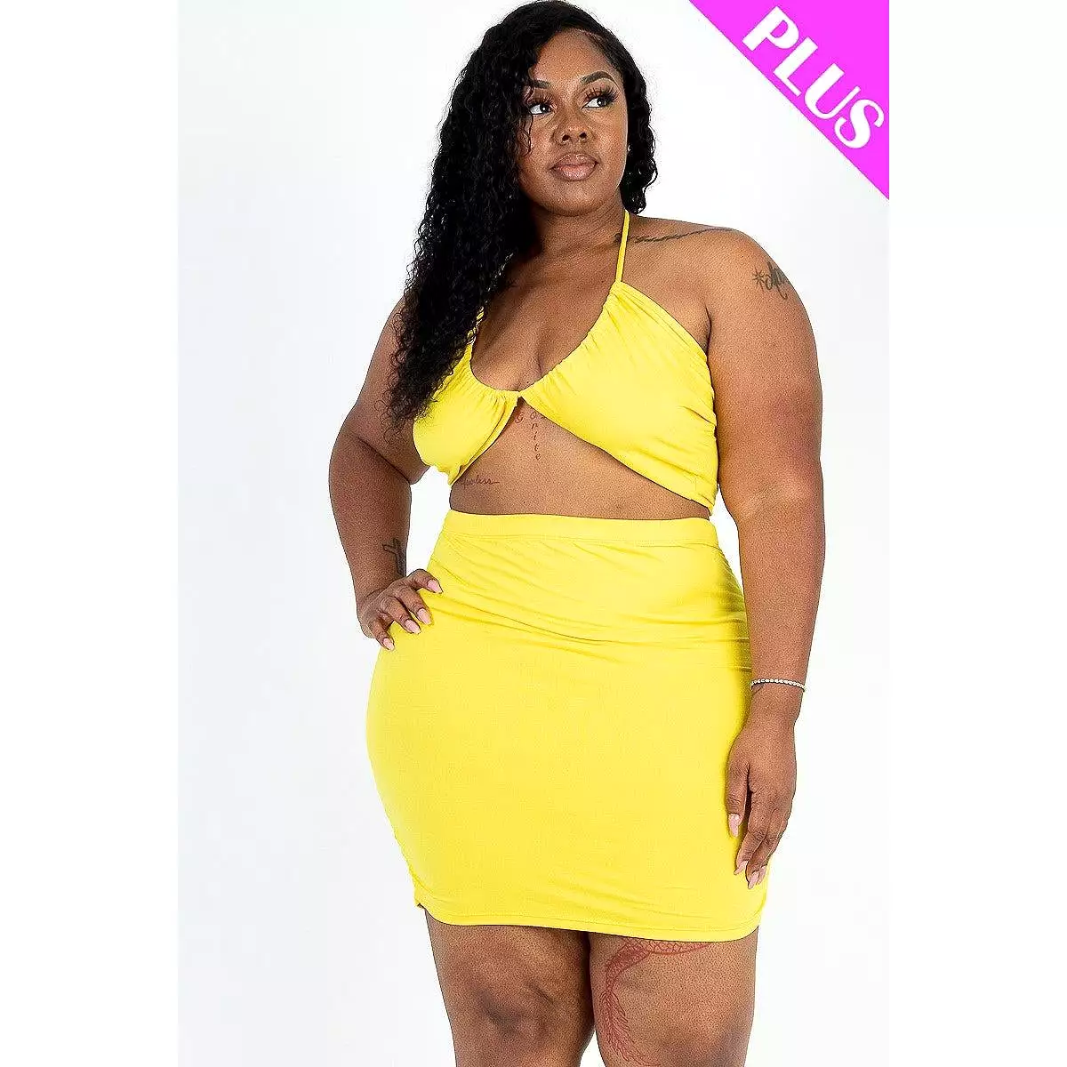 Sexy Solid Crisscross Halter Top & Ruched Mini Skirt Set Plus Size