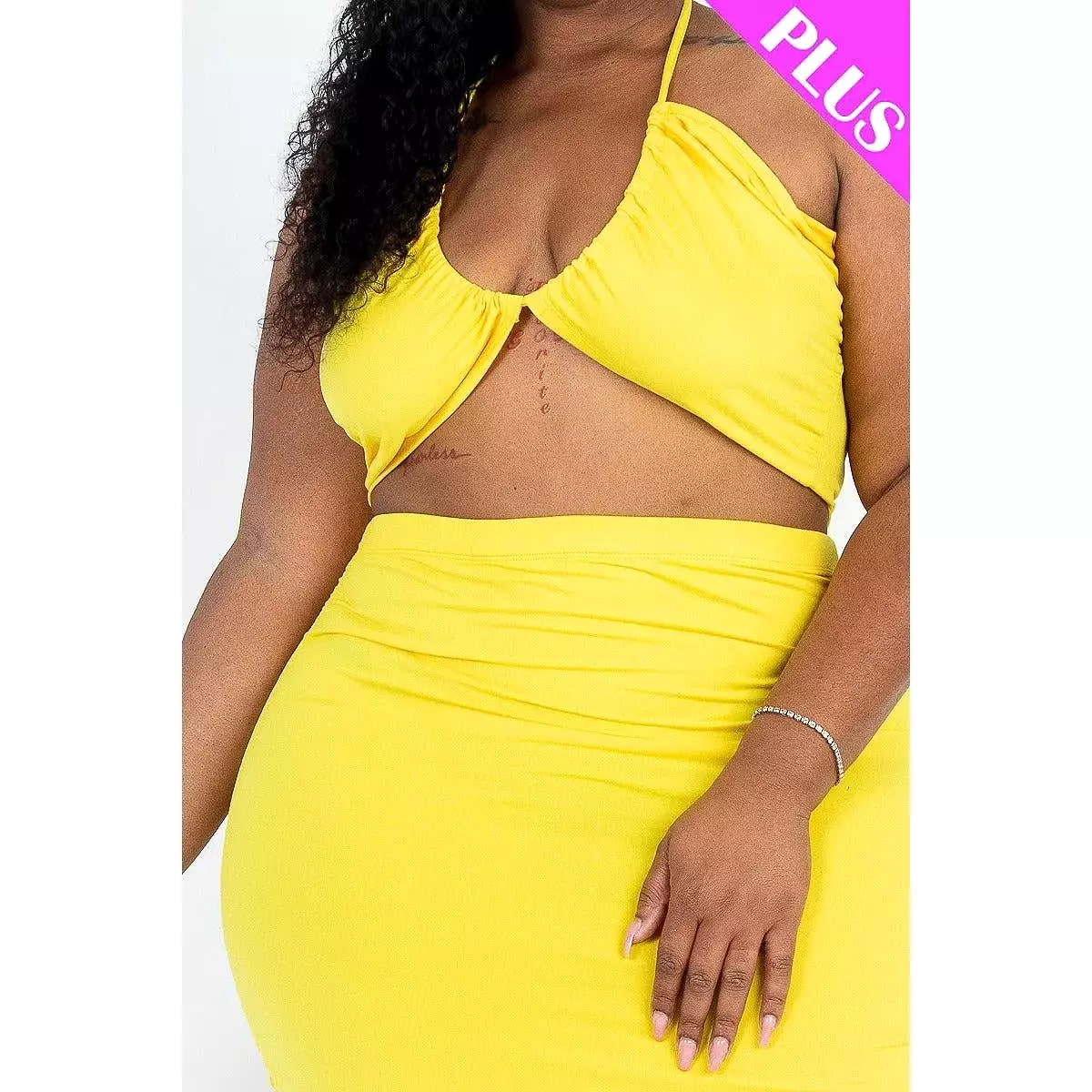 Sexy Solid Crisscross Halter Top & Ruched Mini Skirt Set Plus Size