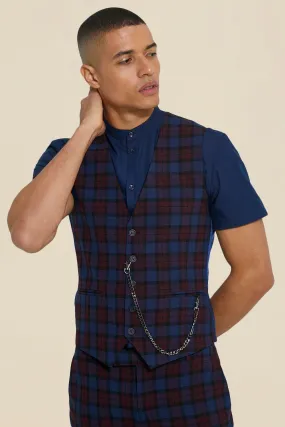 Slim Plaid Waistcoat with Chain - Shop Now.