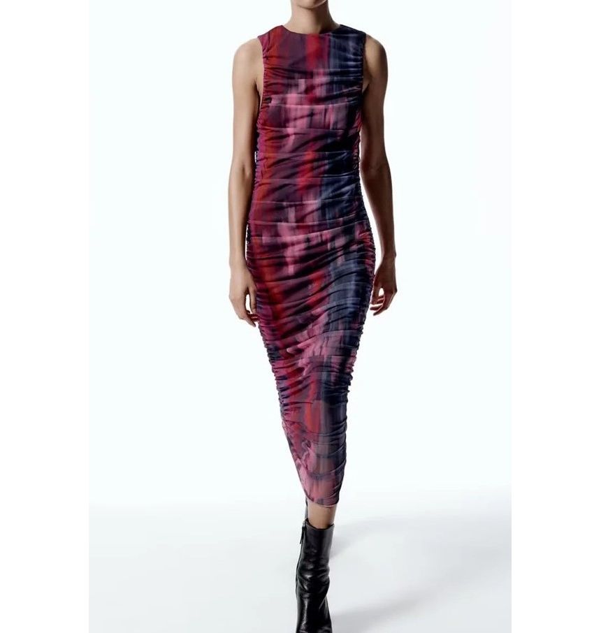 Sleeveless Crew Neck Patterned Midi Sheath Dress