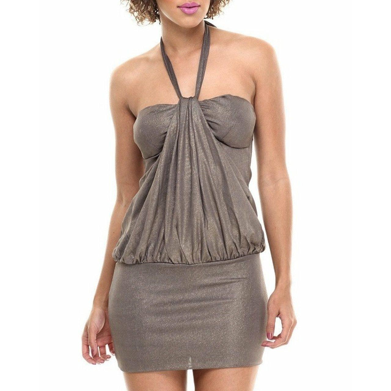 Sleeveless halter dress with draped front.