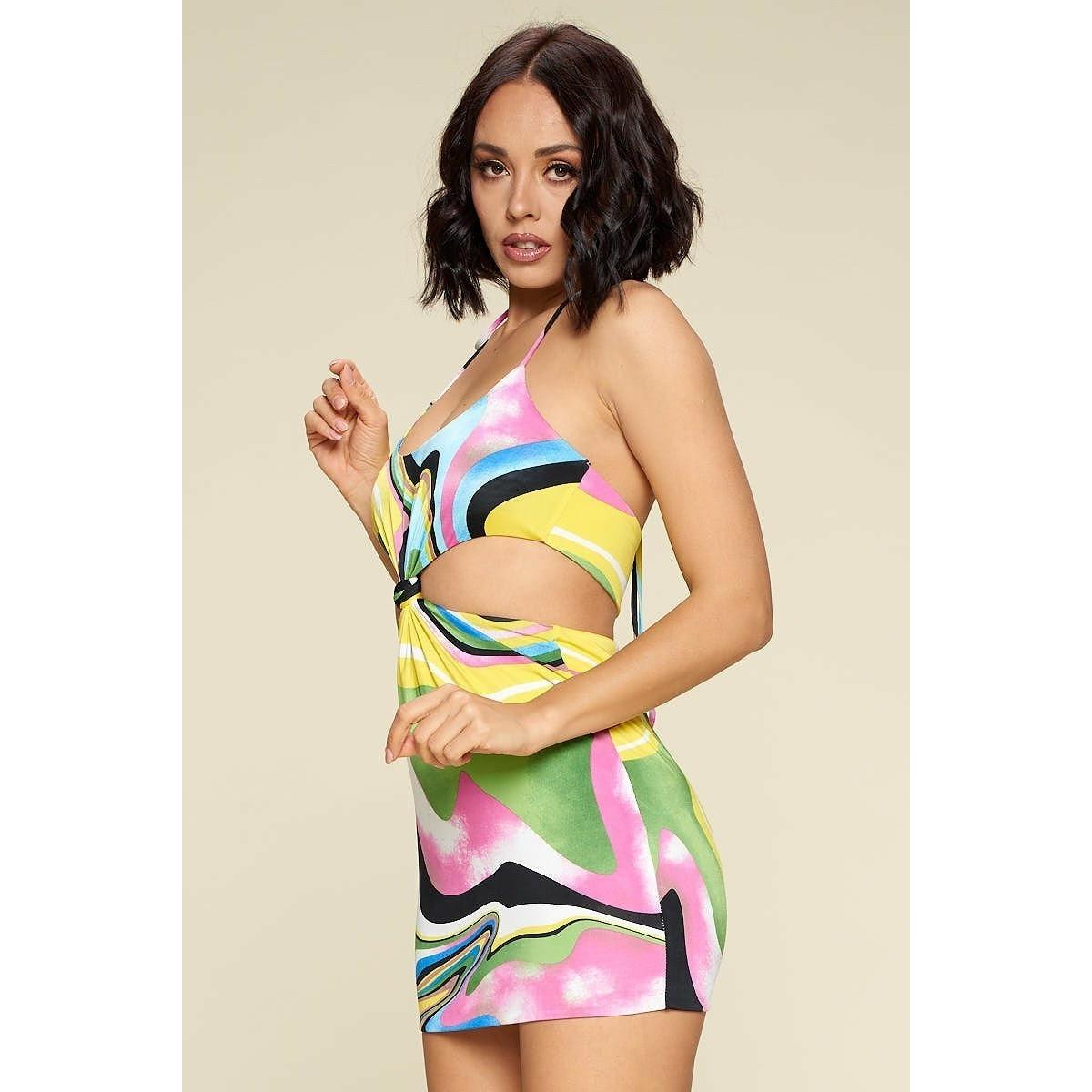 Sleeveless rainbow print dress with front peek-a-boo cut-out.