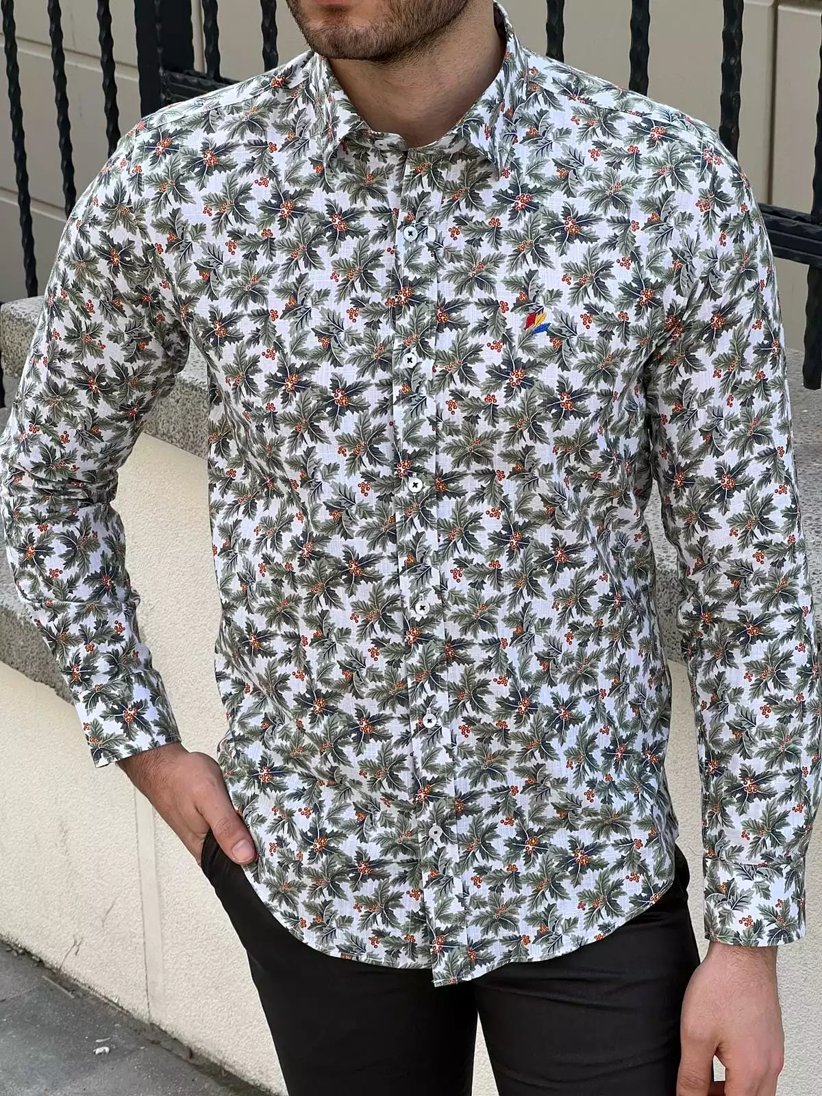 Slim Fit Green Patterned Cotton Shirt.