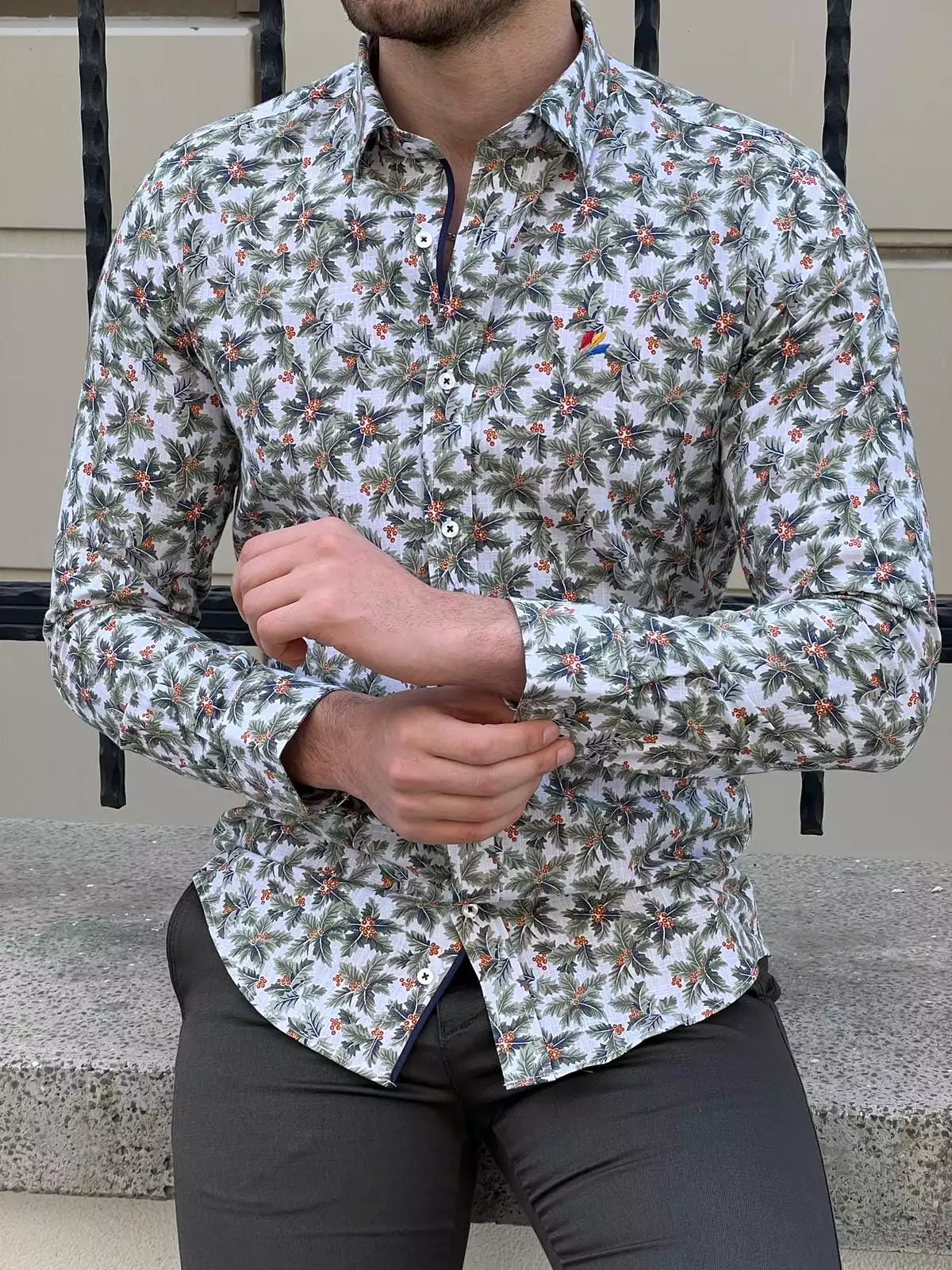 Slim Fit Green Patterned Cotton Shirt.