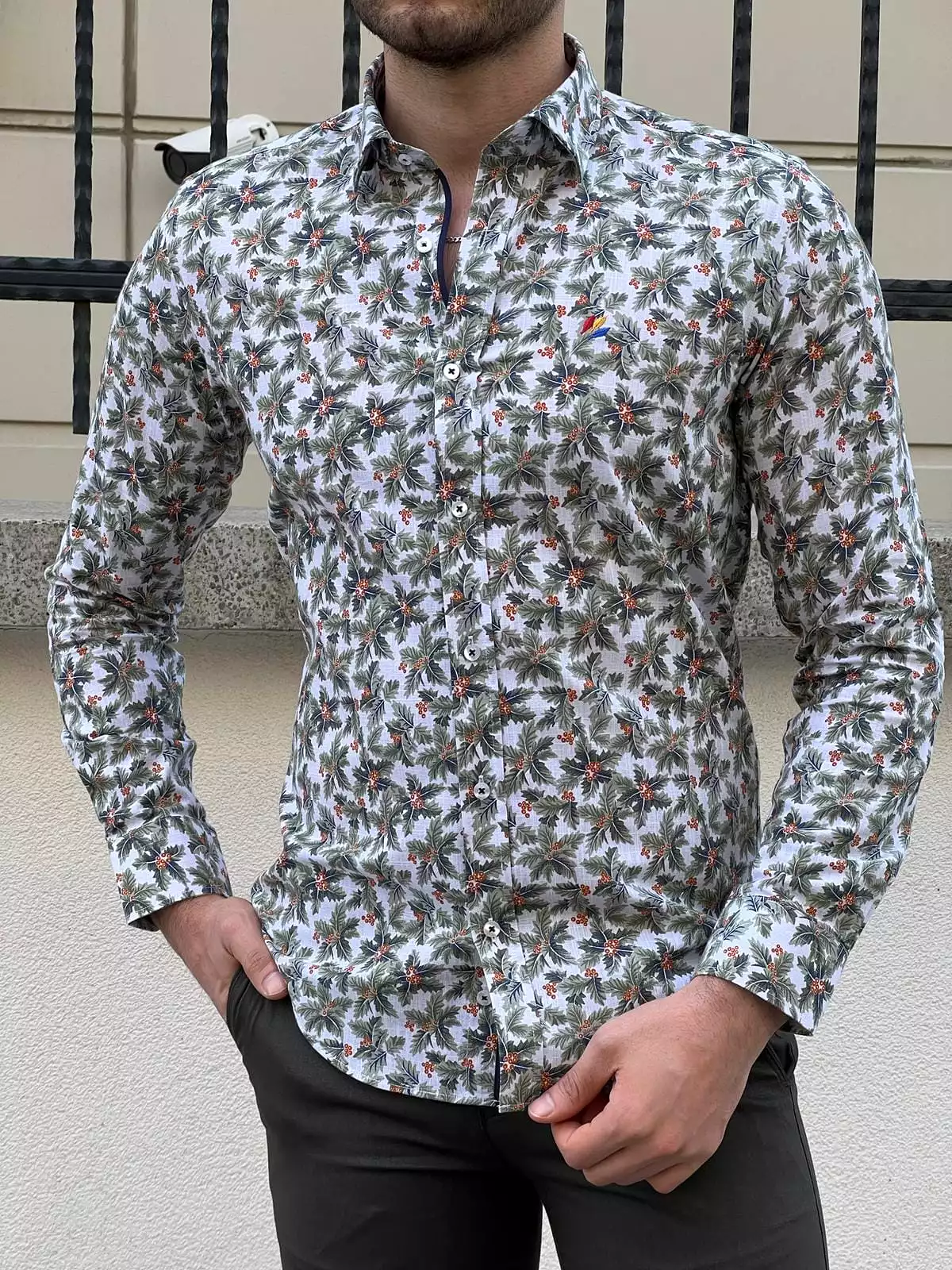 Slim Fit Green Patterned Cotton Shirt.