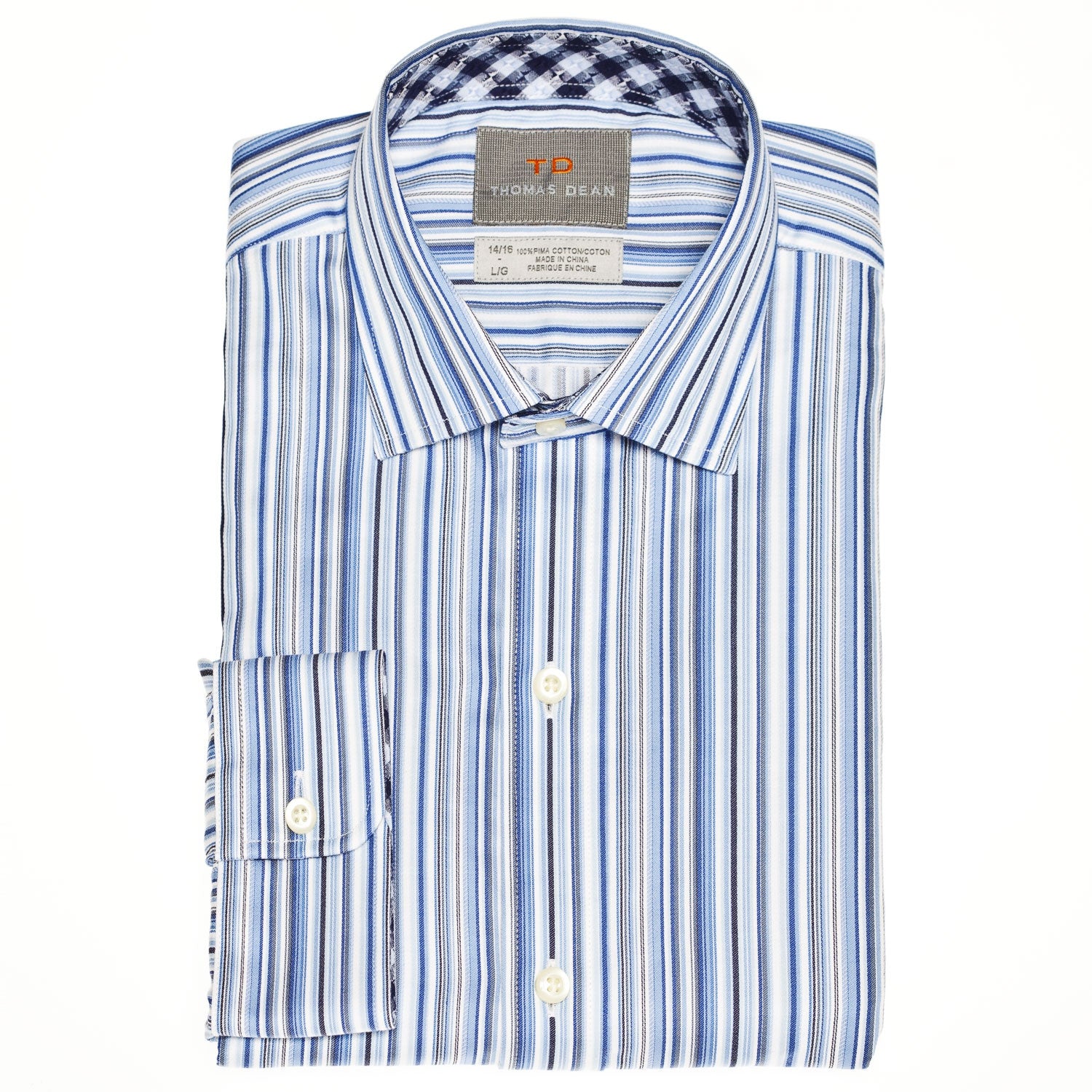 Small boys blue striped poplin button-down shirt.