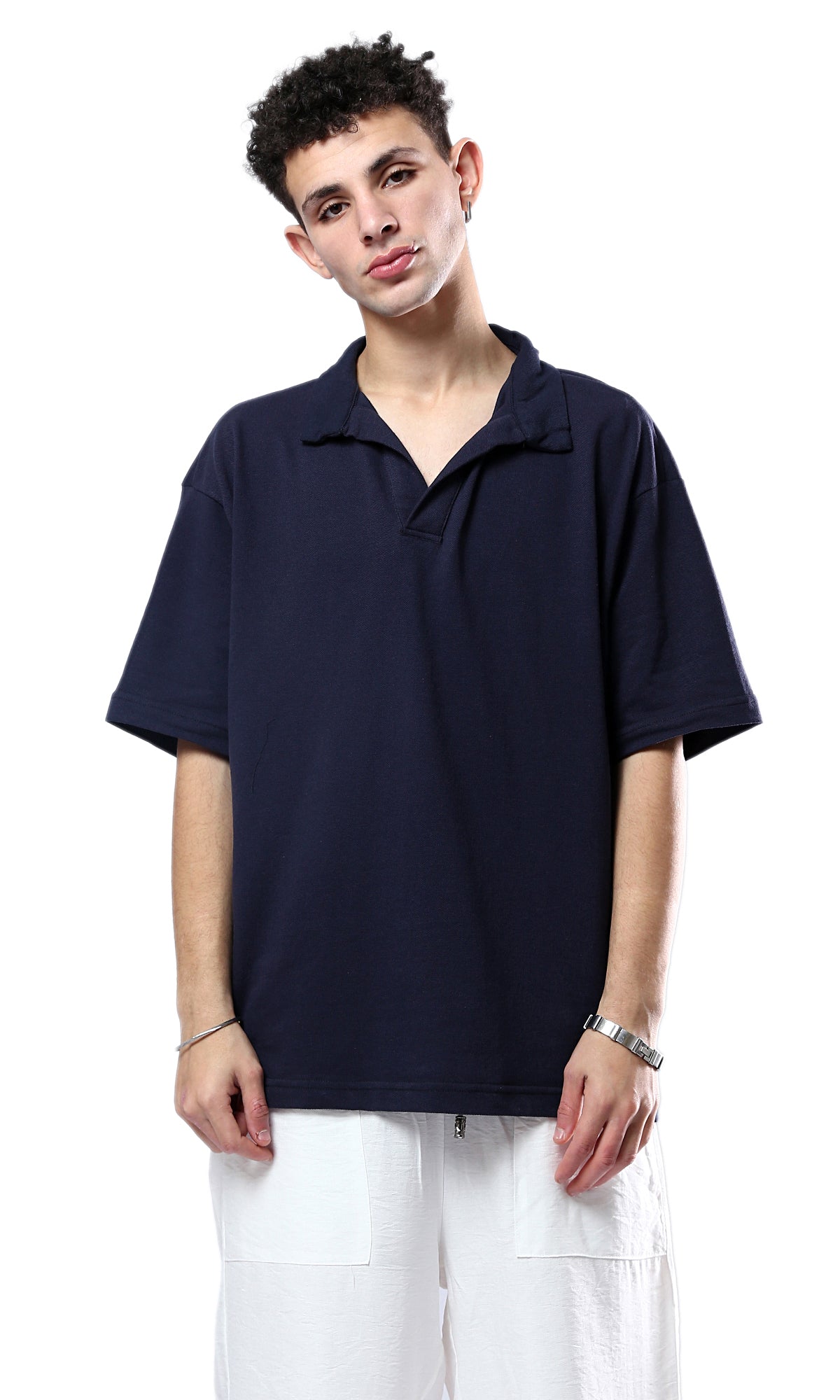 Solid Navy Blue Slip-On Shirt with Classic Collar